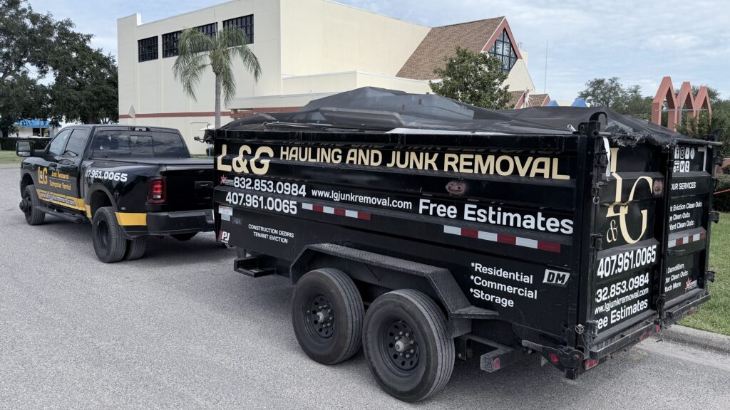 L&G Junk Removal truck and dumpster providing junk removal services in Orlando, Florida.